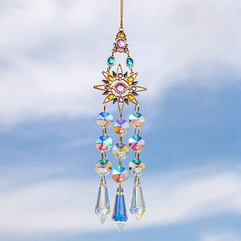 Glass Cone Octagon Window Hanging Suncatchers, with Colorful Glass Rhinestones and Alloy Finding Decorations Ornaments, Sun, 395mm