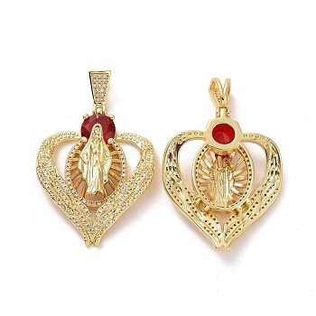 Brass Micro Pave Cubic Zirconia Pendants, Heart with Religion Virgin Mary Charms, Golden, Red, 43x34x8mm, Hole: 4x8mm