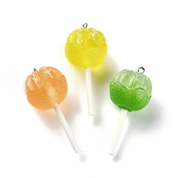 Translucent Resin Imitation Food Pendants, Lollipop Charms with Platinum Tone Iron Loops, Mixed Color, 48~50.5x22.5mm