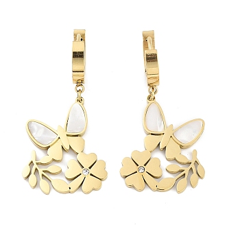 Butterfly 304 Stainless Steel Shell Dangle Earrings, Flower Rhinestone Hoop Earrings for Women, Real 18K Gold Plated, 41x20mm