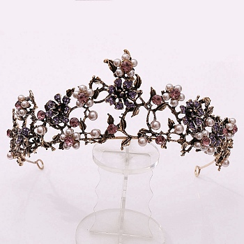 Baroque Rhinestone Pearl Wedding Crown, Alloy Hair Bands for Bridal, Purple, 155x62mm