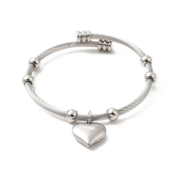 304 Stainless Steel Heart Charms Cuff Bangle, Round Beaded Twist Rope Bangle for Women, Stainless Steel Color, Inner Diameter: 2 inch(5.1cm)
