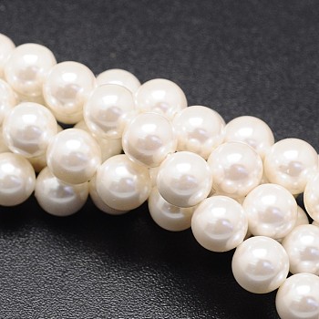 Shell Pearl Beads Strands, Round, White, 6mm, Hole: 1mm, about 69pcs/strand, 16 inch