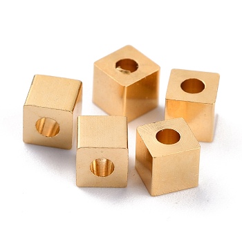 Brass Spacer Beads, Long-Lasting Plated, Cube with Round Hole, Real 24K Gold Plated, 4x4x4mm, Hole: 1.8mm