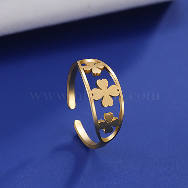 304 Stainless Steel Clover Open Cuff Ring(RJEW-F149-04G)-5