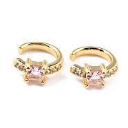 Brass Micro Pave Cubic Zirconia Cuff Earrings, Real 18K Gold Plated, Ring, Pink, 13x2.5mm(X-EJEW-K086-02G-07)