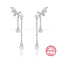 Rhodium Plated Platinum Plated 925 Sterling Silver Wing Stud Earrings with Shell Pearl, Cubic Zirconia Tassel Earrings, Clear, 20x13mm(RF3669)