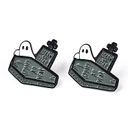 Alloy Enamel Brooches, Enamel Pin, for Halloween, with Rubber Clutches, Ghost with Coffin, Word Learn To Fear Spooky All Year, Cadet Blue, Black, 30x30.5x10.5mm, Pin: 1.2mm(JEWB-G009-14B)