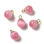 Cat Eye Pendants, with Real 18K Gold Plated Brass Loops, Round, Hot Pink, 18x12mm, Hole: 3.5x2.5mm(FIND-C046-04B-G)