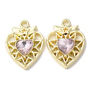 Eco-Friendly Alloy Pendants, with Glass, Heart, Golden, Pink, 20x15x4mm, Hole: 1.6mm(PALLOY-M215-11G-01)