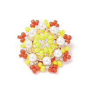 Loom Pattern Glass Seed Beads, with Shell Pearl Beaded, Flower Pendant, Yellow, 21x21x8.5mm, Hole: 0.8mm(PALLOY-MZ00119-02)
