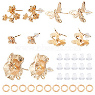 10Pcs 5 Style Brass Stud Earring Findings, with Vertical Loops & 50Pcs Open Jump Rings & 50Pcs Plastic Ear Nuts, Butterfly & Flower & Bee, Golden, 6.5~18.5x6.5~18mm, Hole: 0.5~1mm, Pin: 0.7~0.8mm, 2Pcs/style(KK-CN0001-88)