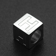 201 Stainless Steel European Beads, Large Hole Beads, Horizontal Hole, Cube, Stainless Steel Color, Letter.H, 7x7x7mm, Hole: 5mm(STAS-N090-LA062-H)