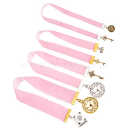 1 Set Velvet Bookmarks, Alloy Clock/Key/Book Pendant Bookmark, Pink, 294~328mm, 4pc/set(AJEW-FG0002-55)