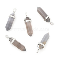 Natural Grey Agate Double Terminated Pointed Pendants, with Random Alloy Pendant Hexagon Bead Cap Bails, Bullet, Platinum, 37~40x12mm, Hole: 3mm(X-G-F295-05M)