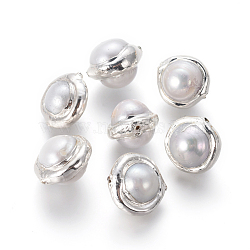 Natural Cultured Freshwater Pearl Beads, with Brass Findings, Celestial Body, White, Silver Color Plated, 12.5~15x10~12mm, Hole: 0.7mm(PEAR-F011-24S)