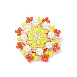 Loom Pattern Glass Seed Beads, with Shell Pearl Beaded, Flower Pendant, Yellow, 21x21x8.5mm, Hole: 0.8mm(PALLOY-MZ00119-02)