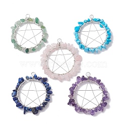 Mixed Gemstone Chips Copper Wire Wrapped Pendants, Pentagram Charms, Mixed Dyed and Undyed, Platinum, 48~49x46~48x5~7mm, Hole: 4.5mm(PALLOY-JF02548)