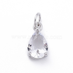 Brass Micro Pave Cubic Zirconia Pendants, with Jump Ring, Teardrop, Platinum, Clear, 11.5x6.5x4mm, Hole: 3mm(ZIRC-E164-64P-D)