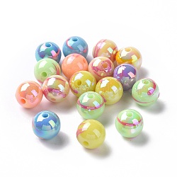 UV Plating Rainbow Iridescent Drawbench Acrylic Beads, Round, Pink, 12x11~11.5mm, Hole: 2mm(OACR-E009-10D)