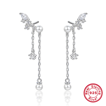 Rhodium Plated Platinum Plated 925 Sterling Silver Wing Stud Earrings with Shell Pearl, Cubic Zirconia Tassel Earrings, Clear, 20x13mm