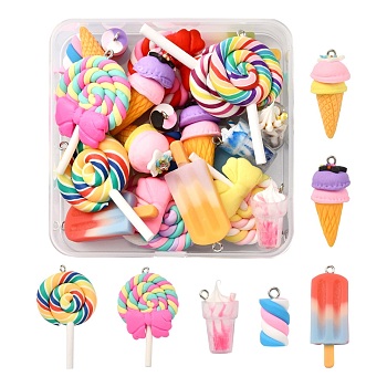 Food Shape Pendant Set for DIY Jewelry Making Finding Kit, Including Ice Cream & Lollipop & Marshmallow Polymer Clay Pendamts, Ice Cream Resin Pendants, Mixed Color, 26pcs/box