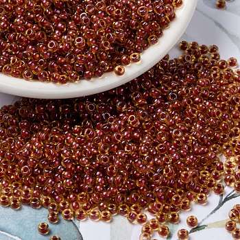 MIYUKI Round Rocailles Beads, Japanese Seed Beads, 8/0, (RR235) Sparkling Dark Coral Lined Topaz AB, 8/0, 3mm, Hole: 1mm, about 19000~20500pcs/pound