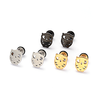 304 Stainless Steel Owl Earlobe Plugs, Screw Back Earrings, Hypoallergenic Earrings, Mixed Color, 12x10mm, Pin: 1mm