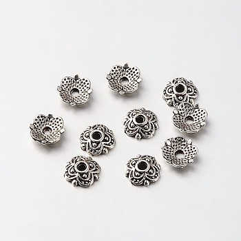Tibetan Style Alloy Flower Bead Caps, Antique Silver, 8x2mm, Hole: 1mm