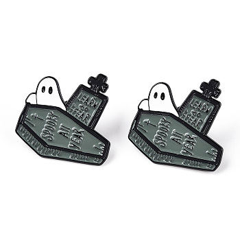 Alloy Enamel Brooches, Enamel Pin, for Halloween, with Rubber Clutches, Ghost with Coffin, Word Learn To Fear Spooky All Year, Cadet Blue, Black, 30x30.5x10.5mm, Pin: 1.2mm