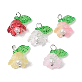 Mixed Color Glass Pearl & Acrylic Charms, Lily Flower, Platinum, 14x13x10mm, Hole: 2mm