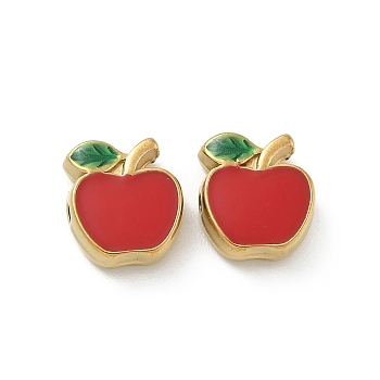 Ion Plating(IP) 304 Stainless Steel Beads, with Enamel, Real 18K Gold Plated, Apple, Red, 10x9x4mm, Hole: 1.2mm