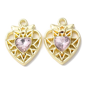 Eco-Friendly Alloy Pendants, with Glass, Heart, Golden, Pink, 20x15x4mm, Hole: 1.6mm