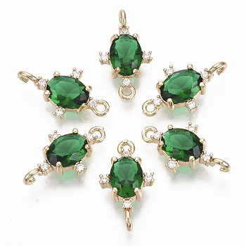 Glass Links connectors, with Brass Micro Pave Cubic Zirconia, Faceted, Oval, Light Gold, Green, 17.5x10x5mm, Hole: 1.2mm