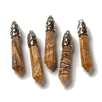 Natural Picture Jasper Pointed Big Pendants, Faceted Bullet Charms with Rack Plating Platinum Plated Brass Findings, 56~65x11~11.5x10~10.5mm, Hole: 4X3mm