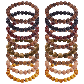 16Pcs 8 Styles Natural Sandalwood Round Beaded Stretch Bracelet for Men Women, Mixed Color, Inner Diameter: 5.15~5.5cm, 2pcs/style