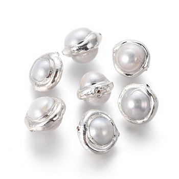 Natural Cultured Freshwater Pearl Beads, with Brass Findings, Celestial Body, White, Silver Color Plated, 12.5~15x10~12mm, Hole: 0.7mm