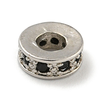 Brass Micro Pave Black Cubic Zirconia Beads, Flat Round, Platinum, 7x2.5mm, Hole: 3mm