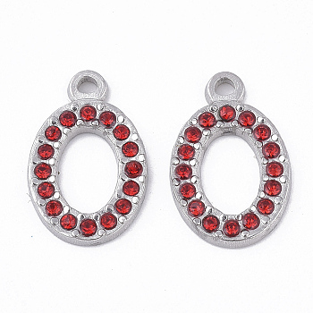 304 Stainless Steel Pendants, with Rhinestone, Oval, Light Siam, 18.5x11.5x2mm, Hole: 1.6mm