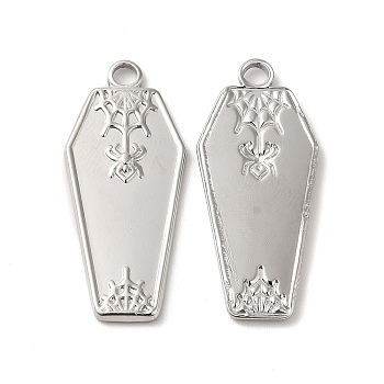 Halloween 304 Stainless Steel Pendants, Coffin with Spider Charm, Stainless Steel Color, 32x14x2mm, Hole: 2.5mm