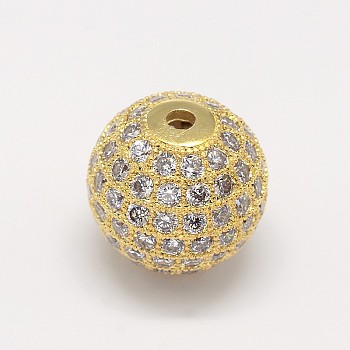 CZ Brass Micro Pave Cubic Zirconia Round Beads, Golden, 14mm, Hole: 1.5mm