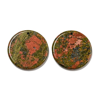 Natural Unakite Pendants, Flat Round Charms, 29.5~30x3mm, Hole: 1.6mm