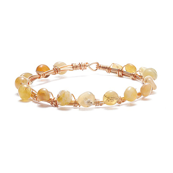 Natural Yellow Opal Braided Beaded Bracelet, Copper Wire Wrap Gemstone Jewelry for Women, Light Gold, 8-1/8 inch(20.6cm)