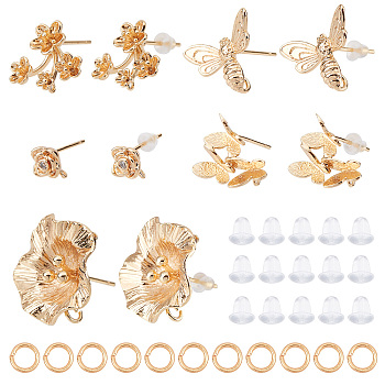10Pcs 5 Style Brass Stud Earring Findings, with Vertical Loops & 50Pcs Open Jump Rings & 50Pcs Plastic Ear Nuts, Butterfly & Flower & Bee, Golden, 6.5~18.5x6.5~18mm, Hole: 0.5~1mm, Pin: 0.7~0.8mm, 2Pcs/style