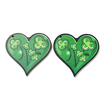 Saint Patrick's Day Single Face Printed Wood Pendants, Heart Charms with Clover, Green, 47x49.5x2.5mm, Hole: 2mm