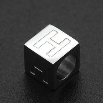 201 Stainless Steel European Beads, Large Hole Beads, Horizontal Hole, Cube, Stainless Steel Color, Letter.H, 7x7x7mm, Hole: 5mm
