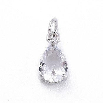 Brass Micro Pave Cubic Zirconia Pendants, with Jump Ring, Teardrop, Platinum, Clear, 11.5x6.5x4mm, Hole: 3mm