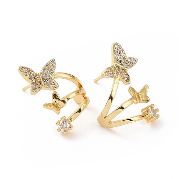 Clear Cubic Zirconia Butterfly Stud Earrings, Brass Jewelry for Women, Golden, 20x15mm, Pin: 0.8mm