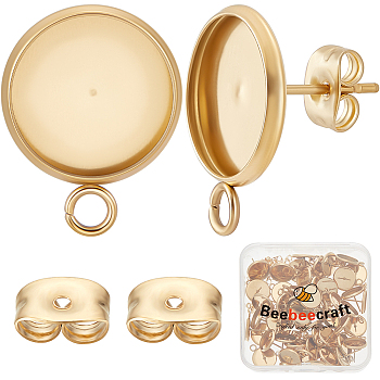 50Pcs Flat Round 304 Stainless Steel Stud Earrings Findings, with Ear Nuts, Real 18K Gold Plated, 17.5x13.5mm, Hole: 2.5mm, Inner Diameter: 12mm, Pin: 10.5x0.7mm, 50pcs