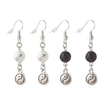 2Pair 2 Style Natural Lava Rock & Howlite with Yin Yang Long Dangle Earrings, Brass Jewelry for Women, 49~50mm, Pin: 0.7mm, 1 Pair/style